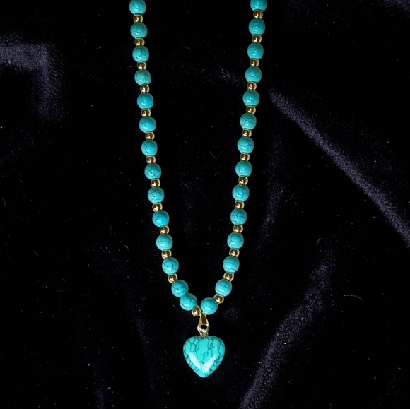 Gold Turqouise Beaded Heart Charm Necklace Earth Art Southwestern Cowboycore - Picture 2 of 8